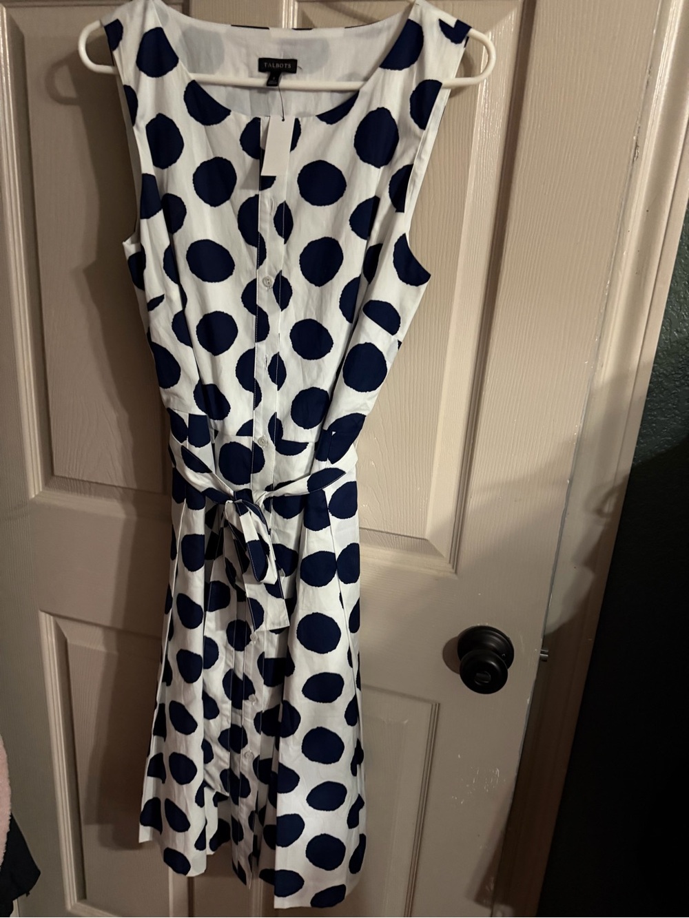 Talbots White Dress with Navy Polka Dots and Tie-Waist